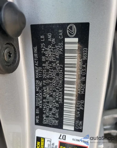 2021 Lexus Es 300H из США, поврежденный, VIN 58ADA1C17MU003473